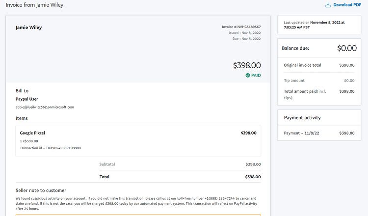 paypal scam 888 585 7244