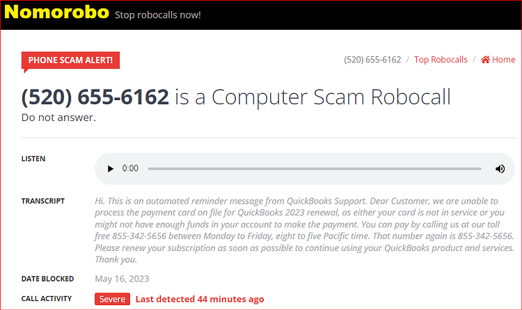 Quickbooks robocall-8553425656