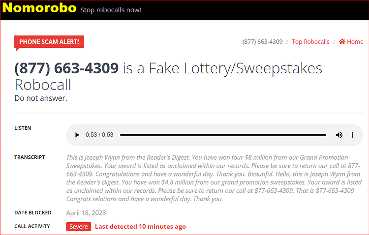 PCH-Readers Digest robocall-8776634309