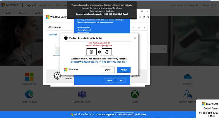 Windows Defender Banner Microsoft Support Scam (App: Ads.Financetrack(2).dll, Threat Detected: Trojan Spyware)