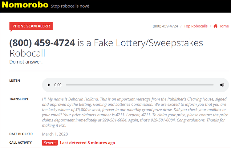 PCH real robocall fake number