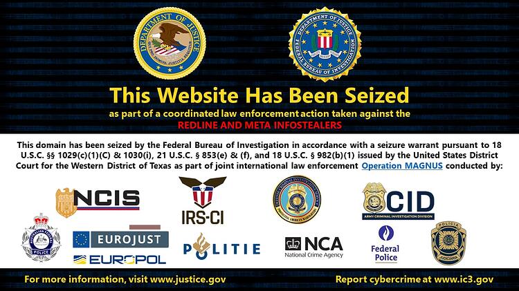 A banner displayed on seized domains tied to RedLine and Meta